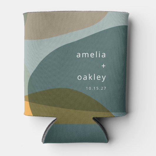 抽象芸術アートモダングリーンセージティール(緑がかった色)カスタムウェディング 缶クーラー (正面)