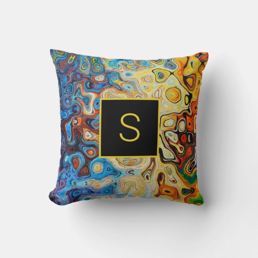 抽象芸術アートモダンモノグラムイエローオレンジブルー クッション (正面)