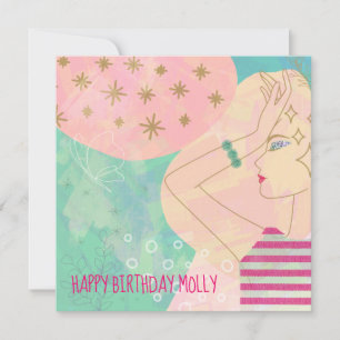 抽象芸術アートラインスケッチ顔ティール（緑がかった色）ハッピーバースデー