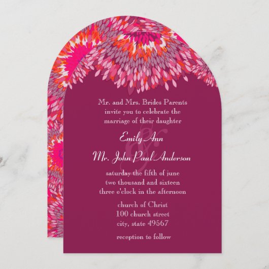 抽象芸術アートレッドラズベリーピンク結婚フローラ 招待状 (正面/裏面)