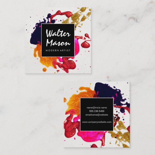 抽象芸術アートワーク | インク（ばちゃばちゃ）跳ねる スクエア名刺 (正面/裏面)