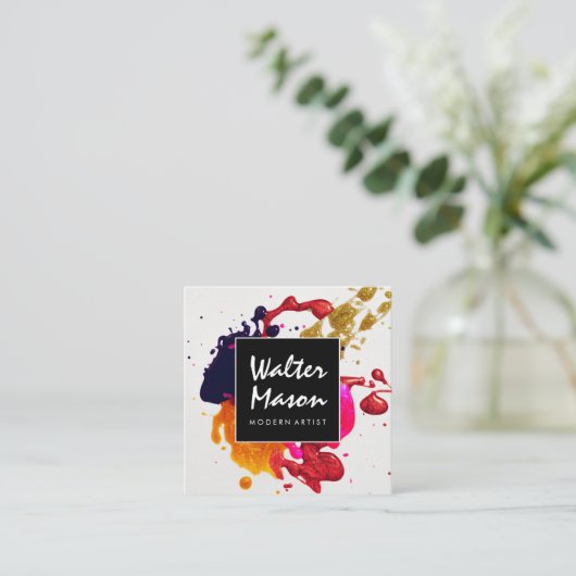 抽象芸術アートワーク | インク（ばちゃばちゃ）跳ねる スクエア名刺 (スタンド正面)
