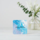 抽象芸術アート名刺テンプレートの青いスプラッシュ スクエア名刺 (スタンド正面)