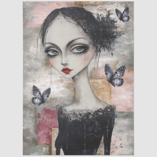 抽象芸術アート混合メディアガールグランジデコパージュ 薄葉紙 (正面)