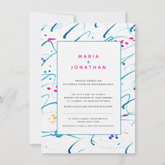 抽象芸術アート熱帯の波アクア結婚ピンク 招待状 (正面)