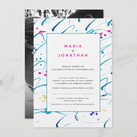 抽象芸術アート熱帯の波アクア結婚ピンク 招待状 (正面/裏面)