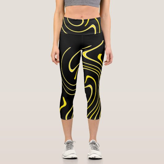 抽象芸術アート白黒イエローラインミニマリズム カプリレギンス (正面)