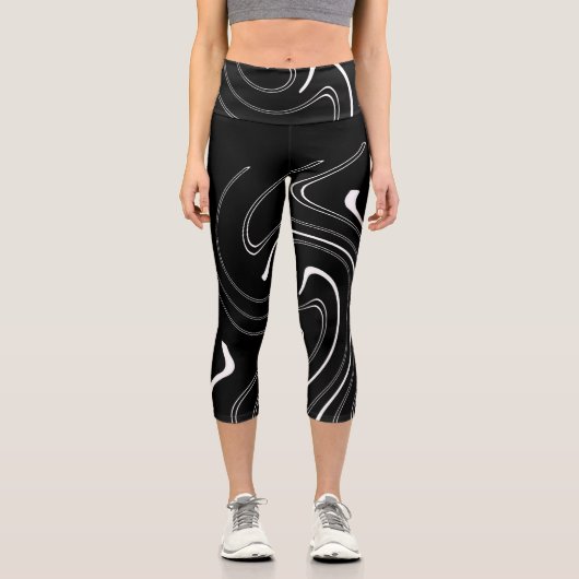 抽象芸術アート白黒ラインツウィールミニマリズム カプリレギンス (正面)