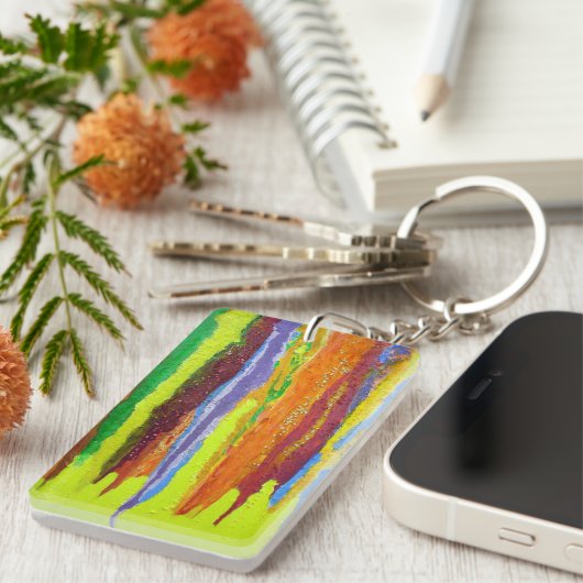 抽象芸術アート絵を描の厚いドリップのレインボーストライプン キーホルダー (正面右)