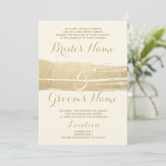 抽象芸術アート金ゴールドブラッシュストロ結婚ーク 招待状 (スタンド正面)