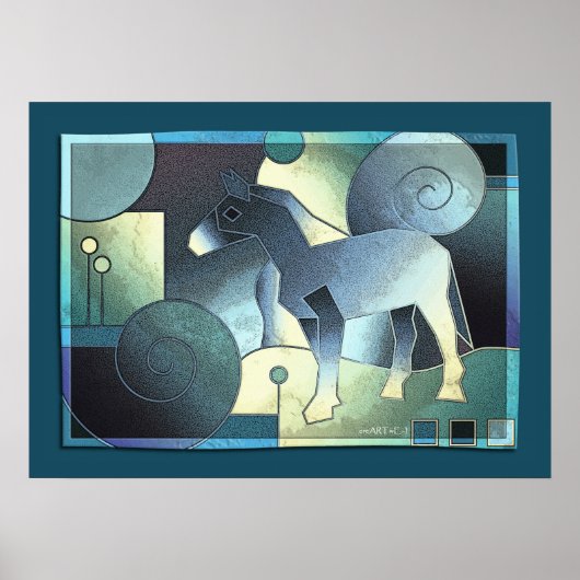 抽象芸術アート – 馬 – 青い砂 ポスター (正面)