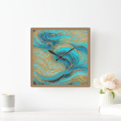 抽象芸術ア絵を描ートプラアクアブルース金ゴールドウォールクロック スクエア壁時計 (ホーム)