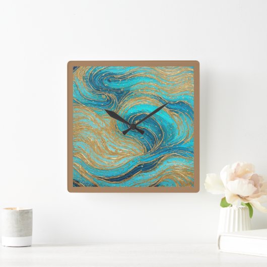 抽象芸術ア絵を描ートプラアクアブルース金ゴールドウォールクロック スクエア壁時計 (ホーム)