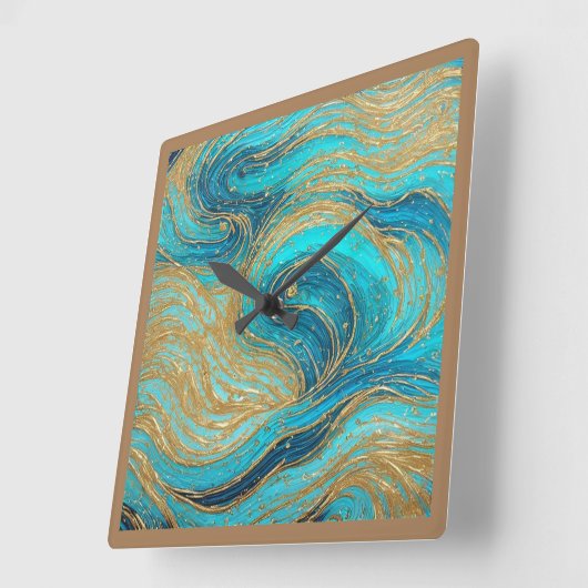 抽象芸術ア絵を描ートプラアクアブルース金ゴールドウォールクロック スクエア壁時計 (傾斜)