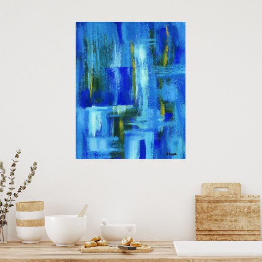 抽象芸術ア絵画ートの青い緑の金ゴールド ポスター (キッチン)