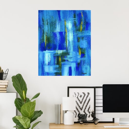 抽象芸術ア絵画ートの青い緑の金ゴールド ポスター (ホームオフィス)