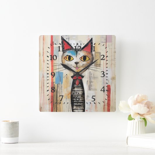 抽象芸術イエローアイハッピーキャット スクエア壁時計 (ホーム)