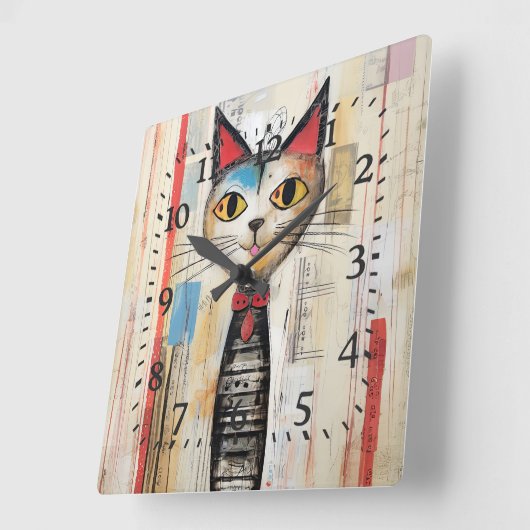 抽象芸術イエローアイハッピーキャット スクエア壁時計 (傾斜)