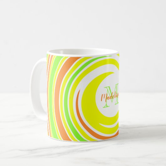 抽象芸術イエローグリーンオレンジスパイラルモノグラム名 コーヒーマグカップ (正面左)