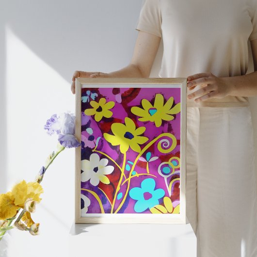 抽象芸術イエローフラワーオンビバマゼンタ キャンバスプリント