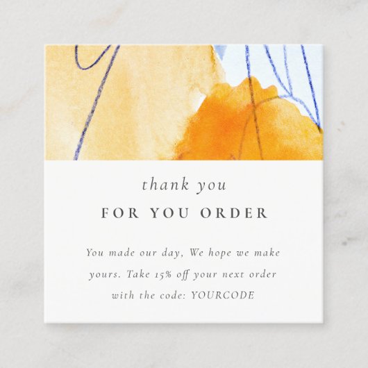 抽象芸術イエローブルーウォーターカラーアートありがとう スクエア名刺 (正面)