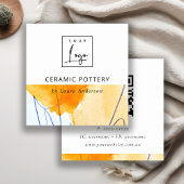 抽象芸術イエローブルーウォーターカラーアートロゴQRコード スクエア名刺