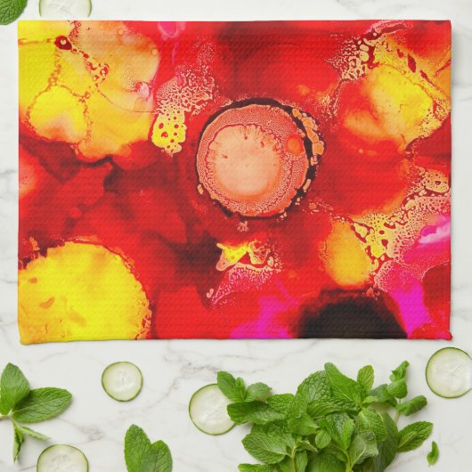 抽象芸術インクアート黄赤とピンク キッチンタオル (折り畳み)