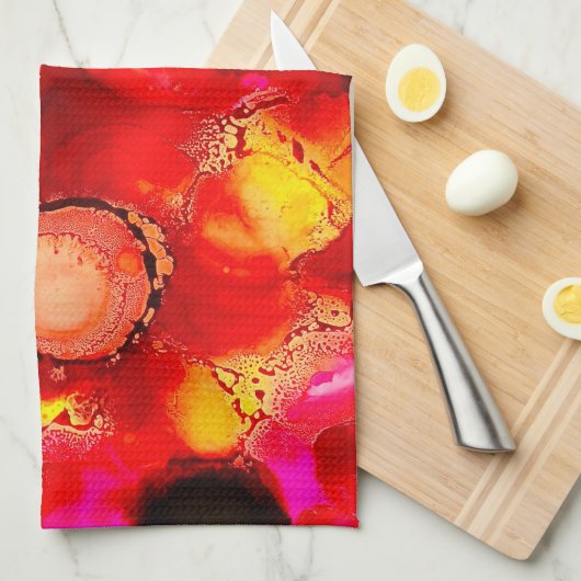 抽象芸術インクアート黄赤とピンク キッチンタオル (四つ折り)