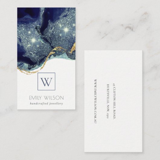 抽象芸術インクシルバーネイビーグリッターモノグラム 名刺 (正面/裏面)