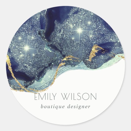 抽象芸術インクシルバーネイビーブルーグリッターパペ ラウンドシール (正面)