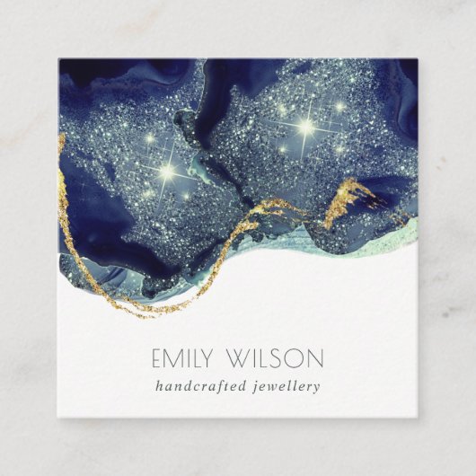 抽象芸術インクシルバーネイビーブルーグリッター スクエア名刺 (正面)