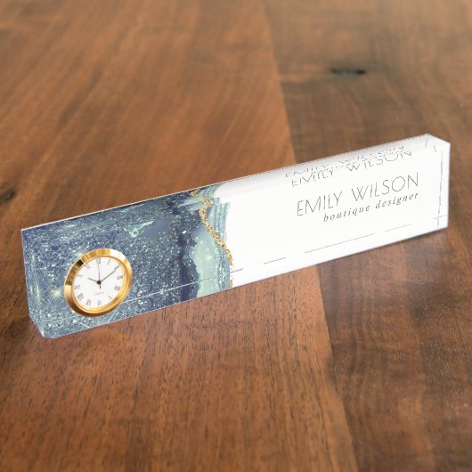 抽象芸術インクシルバーネイビーブルーグリッター デスクネームプレート (側面)