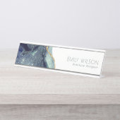 抽象芸術インクシルバーネイビーブルーグリッター デスクネームプレート (正面)