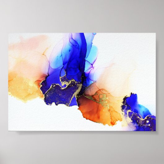 抽象芸術インクブルーオレンジ金ゴールド ポスター (正面)