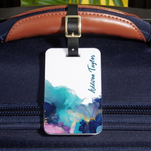 抽象芸術インクブルー/ティール(緑がかった色)ラベンダー ラゲッジタグ (正面インサイチュ2)