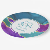 抽象芸術インク明るい赤紫色ピンクティール(緑がかった色)金ゴールド誕生日パーティー ペーパープレート (アングル)