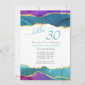 抽象芸術インク明るい赤紫色ピンクティール（緑がかった色）金ゴールド30th誕生日 招待状 (正面)