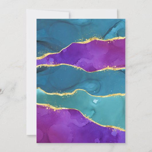 抽象芸術インク明るい赤紫色ピンクティール（緑がかった色）金ゴールド45誕生日 招待状 (裏面)