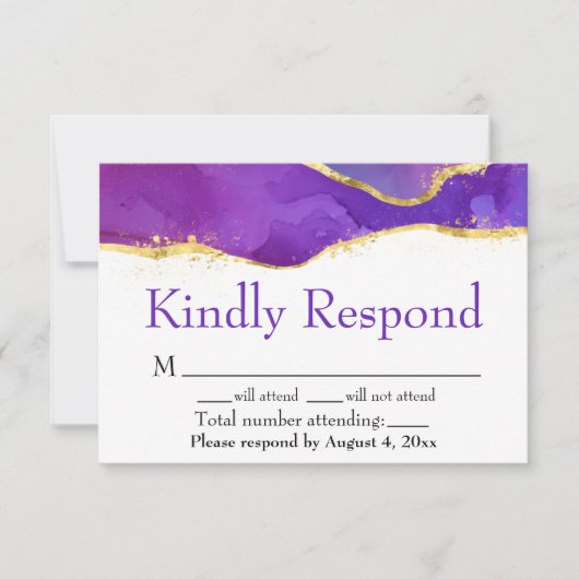 抽象芸術インク明るい赤紫色ピンクパープル金ゴールドRSVPカード サンキューカード (正面)