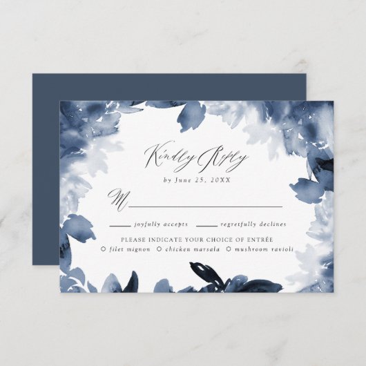 抽象芸術インジゴフローラRSVPカードと食事の選択 出欠カード (正面/裏面)