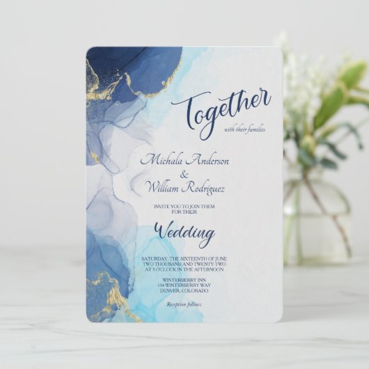 抽象芸術インジゴラベンダーアクアインクウェディングエグッズ 招待状 (スタンド正面)