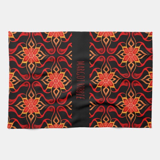 抽象芸術インドネシアろうけつ染め花パターン キッチンタオル (横)