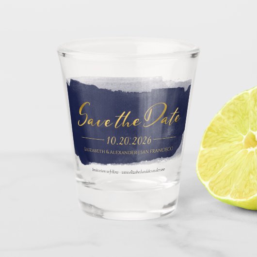 抽象芸術ウェディング日付の保存招待状 |青 ショットグラス (正面)