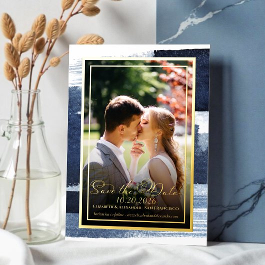 抽象芸術ウェディング日付の保存招待状 |青 箔招待状