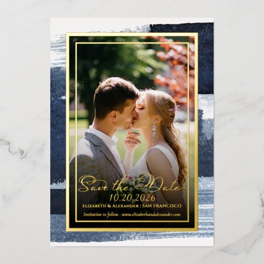 抽象芸術ウェディング日付の保存招待状 |青 箔招待状 (正面)