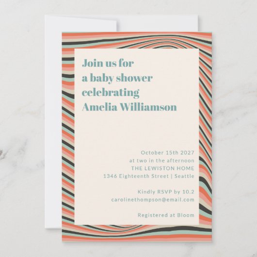 抽象芸術ウェーストライプブアクアアンドピーチベビーシャワー 招待状 (正面)