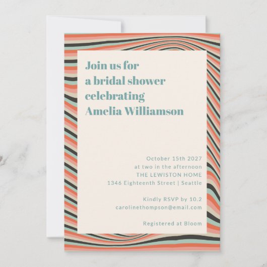 抽象芸術ウェーストライプブブライダルシャワーアクアアンドピーチ 招待状 (正面)