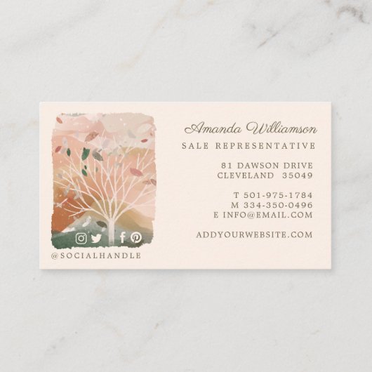 抽象芸術ウォーターカラーウィンターオータムツリーブランチ 名刺 (裏面)