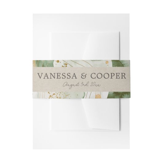 抽象芸術ウォーターカラーセージ緑金ゴールド結婚ズ 招待状ベリーバンド (正面例)