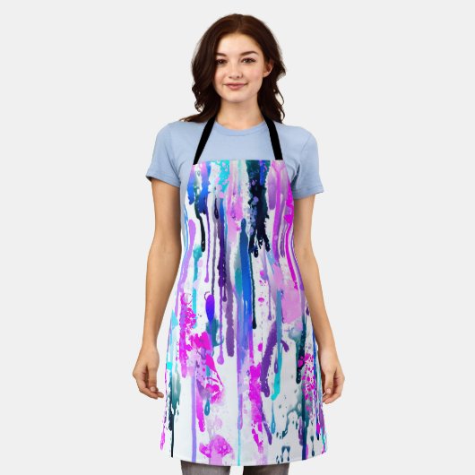 抽象芸術ウォーターカラードリップスブルーターコイズピンク エプロン (着用した状態)